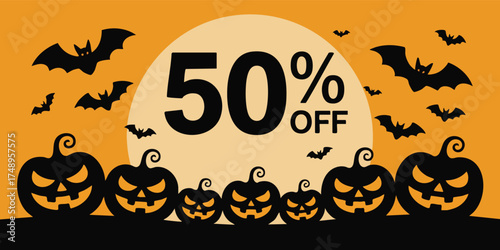 Halloween promotion featuring bats pumpkins and a 50 OFF discount against an orange backdrop with a lightcolored moon