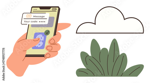 Hand holding smartphone with biometric fingerprint scanner and two-factor security code, cloud icon, and greenery. Ideal for cybersecurity, technology, cloud storage, mobile apps, privacy, digital