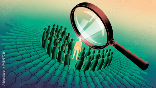Magnifying glass over a crowd with one person highlighted in yellow
