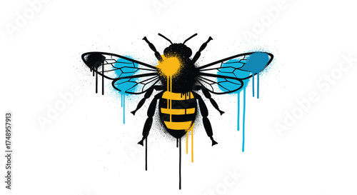 A vibrant bee design with artistic spray paint effects and blue wing accents.