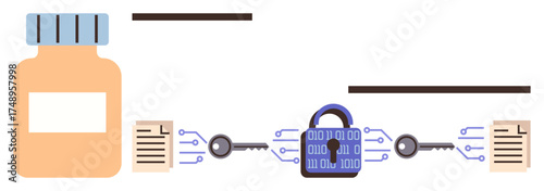 Bottle, digital documents, connected keys, locked padlock with binary code suggest secure blockchain, encryption. Ideal for cybersecurity, healthcare data privacy, technology, blockchain security