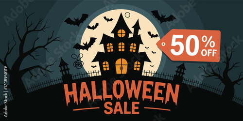 Halloween sale graphic with a haunted house silhouette bats and a 50 off tag against a moonlit background