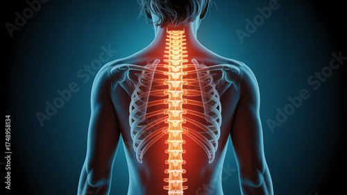Human spine anatomy with highlighted vertebrae showing back pain concept