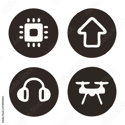 Modern technology icons set featuring drone, headphones, processor, and upload icons, perfect for tech startup branding and app design, originally a scalable vector graphic