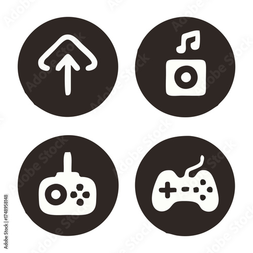 Playful gaming and entertainment icon set, perfect for app design or branding, shows direction, music, and game controllers in a trendy, modern style