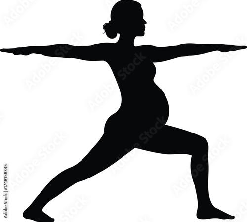 Vector art of silhouette of a pregnant woman performing a yoga warrior pose