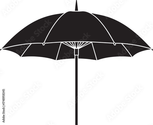 Classic black open umbrella with visible ribs and a pointed top, simple protective accessory.