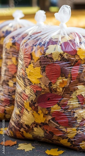 Wallpaper Mural Autumn Cleanup - Bags of Colorful Fallen Leaves Ready for Disposal. Torontodigital.ca