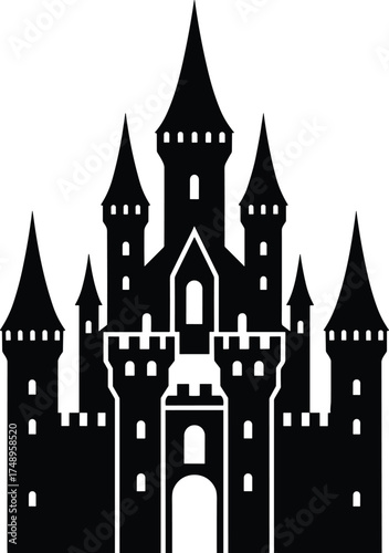 castle with tall towers and battlements, front view, solid black silhouette