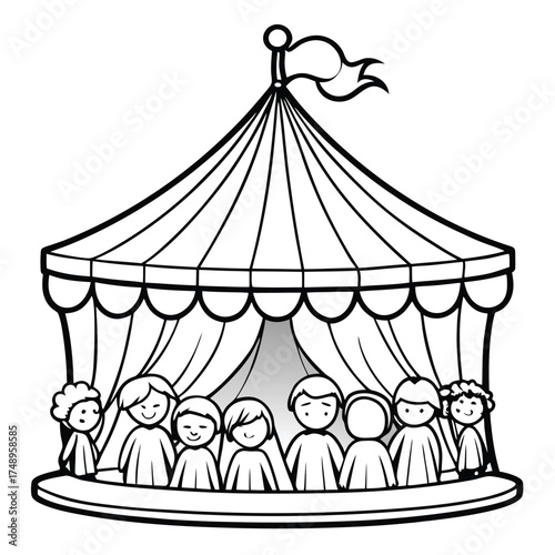Coloring Page Depicting a Bustling Circus Tent Overflowing with Excited Spectators