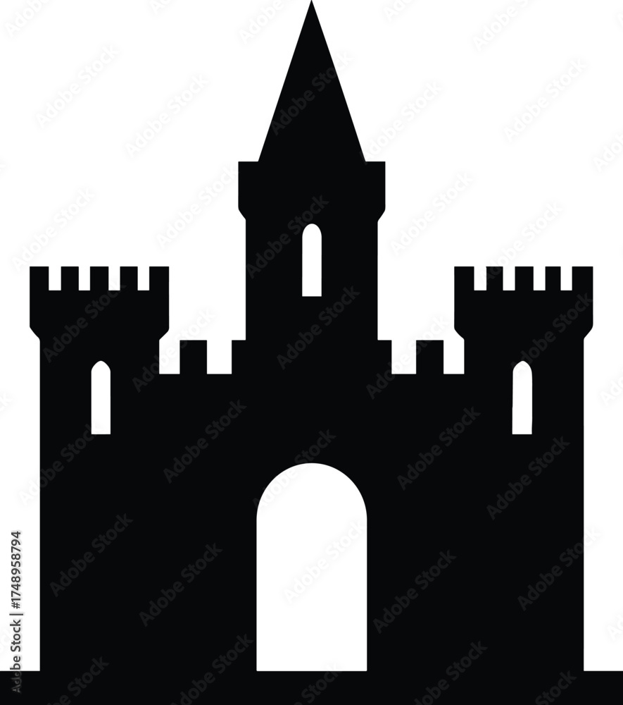 Fototapeta premium castle with tall towers and battlements, front view, solid black silhouette