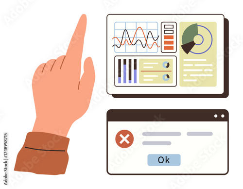 Hand interacts with data dashboard featuring graphs, charts, and error message modal. Ideal for analytics, data visualization, user interface, technology, decision-making, troubleshooting simple