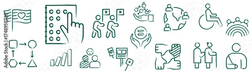 Inclusive-related doodle icons set.