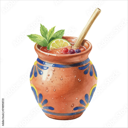 Mexican Clay Cantarito Cup Cocktail, Watercolor Hand Painted Illustration
