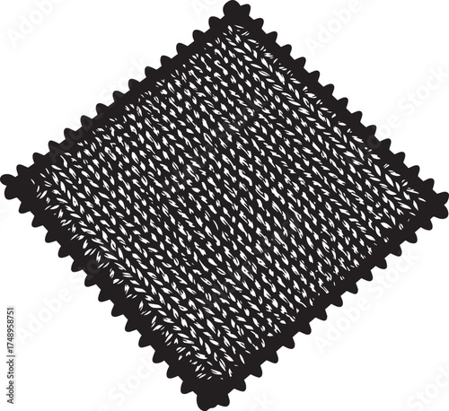 Stylized black and white knitted square with decorative scalloped edge, graphic textile pattern.