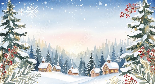 Winter Village Watercolor Landscape with Snow-Covered Trees and Houses.