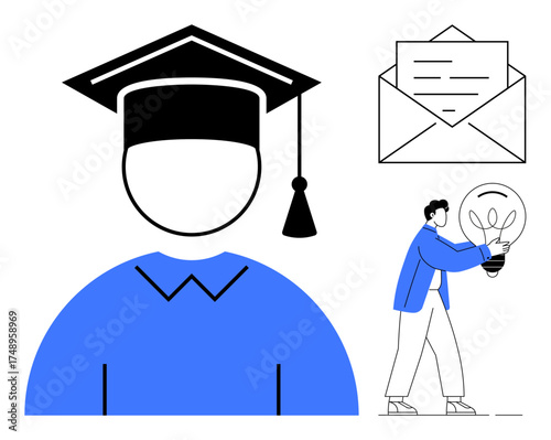 Graduation cap icon, envelope for communication, person holding lightbulb for creativity and ideas. Ideal for education, career success, inspiration, motivation, innovation, learning professional