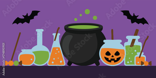 Halloween scene with cauldron potions bats against a purple backdrop