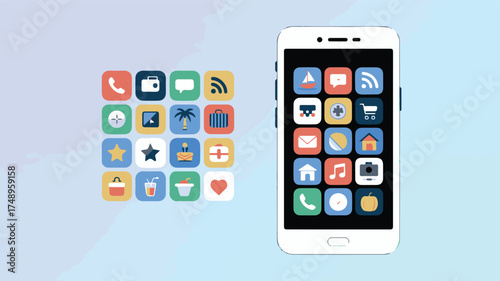 White smartphone displaying colorful app icons and grid of icons technology digital