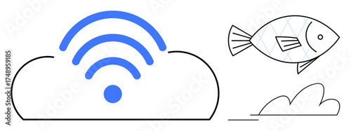 wireless symbol rising from a cloud, with a fish swimming above a wave. Ideal for networking, cloud storage, sustainability, technology, connectivity, environmental harmony digital transformation. A