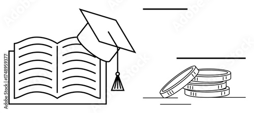 Open book with graduation cap and coin stacks highlighting the relationship between education, knowledge, and financial growth. Ideal for academia, finance, learning, success, scholarship, career