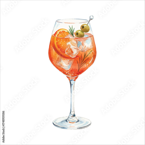 Italian Aperitivo Glass Watercolor Cocktail Illustration on White
