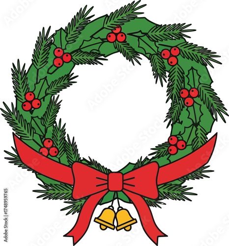 A christmas wreath with green leaves, red berries, bow, and golden bells isolated on transparent background