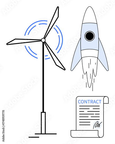 Wind turbine generating power, rocket symbolizing innovation, and signed contract indicating formal agreement. Ideal for energy, innovation, future planning, sustainability, business, agreements
