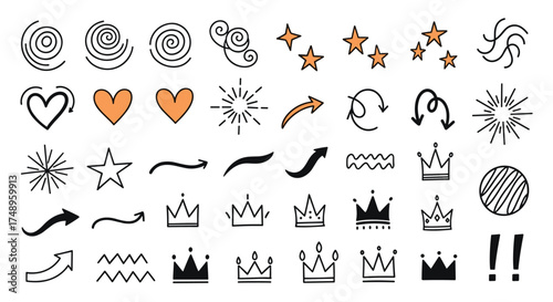 A collection of simple hand drawn icons and symbols for design.