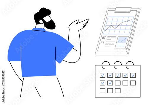 Person pointing towards clipboard with analytics and calendar with checkboxes. Ideal for planning, organization, productivity, data analysis, task management, goal setting, simple flat metaphor