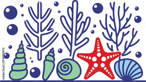 Charming ocean life scene featuring seashells, starfish, and coral formations