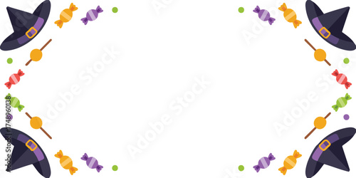 A Halloween frame with witch hats candies in orange purple red and green lollipops and polka dots