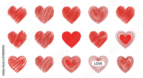 Collection of various red heart illustrations in a sketchy and textured style.