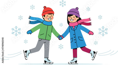 Two people ice skating together holding hands with snowflakes falling around them on transparent background