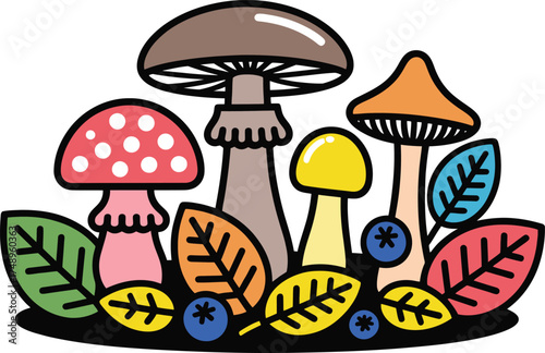 Charming mushroom collection with colorful leaves and berries on white background