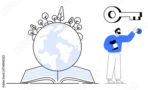 Globe growing plants atop open book, symbolizing eco-education. Person holding key representing knowledge unlocking. Ideal for sustainability, education, growth, environment, learning, innovation