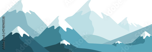 A minimalist landscape of blue mountains with snow capped peaks on a light sky on transparent background