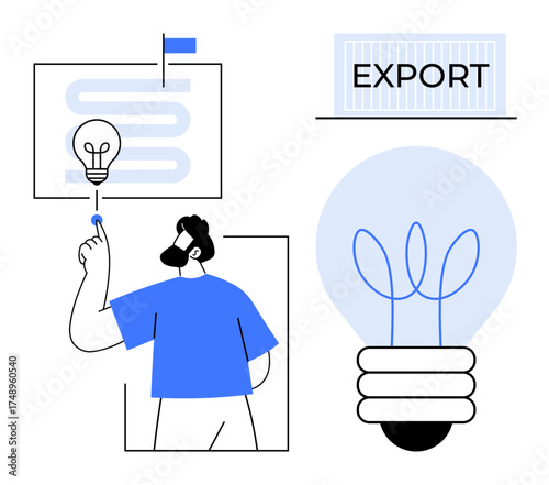 Man pointing at a light bulb symbol over a route map, large icon of light bulb, and Export in bold text. Ideal for innovation, entrepreneurship, creativity, business strategy, trade, logistics