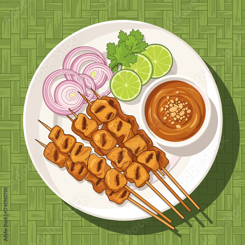 Delicious Chicken Satay Skewers with Peanut Sauce, Sliced Red Onion, and Fresh Lime on a Textured Green Background