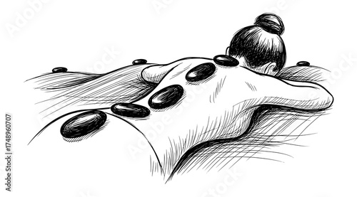 Woman Receiving Hot Stone Massage in Hand-Drawn Sketch Style. Vector Illustration for Wellness Concept.