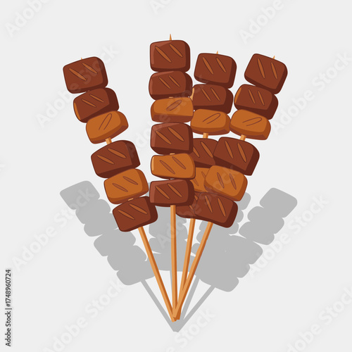 Illustration of Assorted Grilled Satay Skewers with Chicken and Beef Chunks in a Fan Arrangement