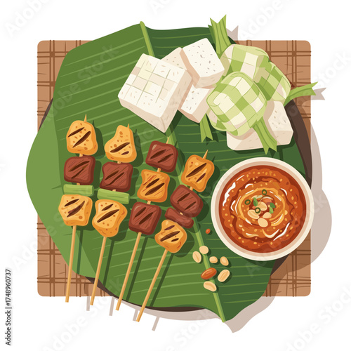 Indonesian Meal with Grilled Chicken and Beef Satay, Ketupat, Tofu, and Peanut Sauce on Banana Leaf