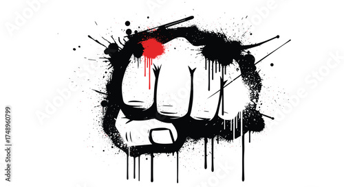 Graffiti fist with red splatters and black paint drips against a white background.