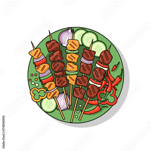 Assorted Grilled Satay Skewers with Fresh Vegetables and Chili on Green Plate