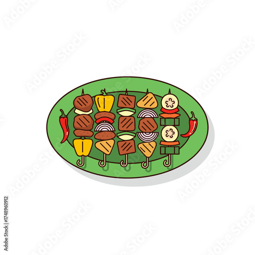 Delicious Mixed Satay Skewers with Vegetables and Chili on Green Plate Illustration