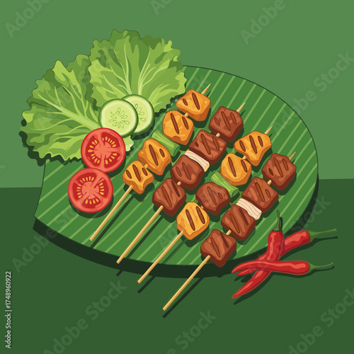Traditional Indonesian Satay Skewers with Fresh Salad and Chilies on Banana Leaf