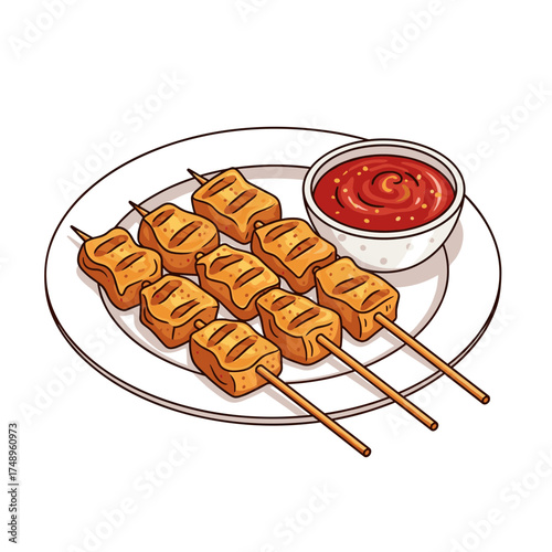 Grilled Tofu Satay Skewers Served with Spicy Red Sauce on a Plate