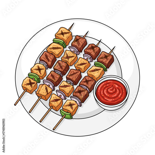 Mixed Satay Skewers with Meat, Tofu, Vegetables and Red Chili Sauce