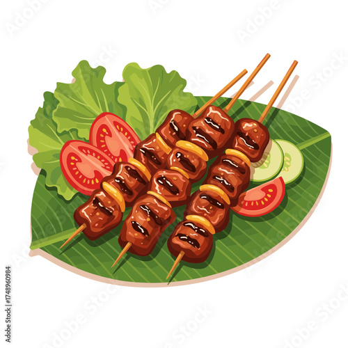 Gourmet Meat Satay Skewers with Fresh Salad and Glaze on Banana Leaf Plate