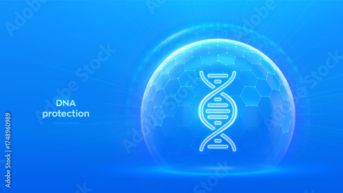 DNA protection. Genetic protection, genetic data protection concept. Secure genome, biotechnology safety, genetic privacy. DNA icon inside protective sphere shield with hexagonal pattern. Vector.